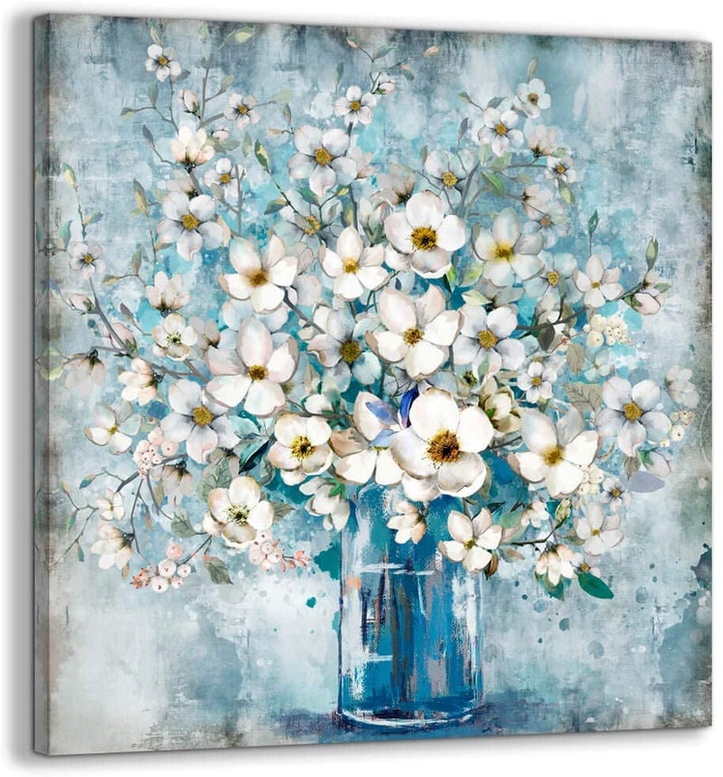 Framed Canvas Wall Art with Blue Bottle and White Flowers, Modern Minimalist Decor, No Drilling Required—Hang in the Bathroom, Bedroom, or Kitchen 50x50cm - Image 1