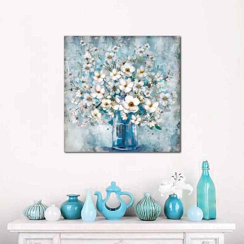 Framed Canvas Wall Art with Blue Bottle and White Flowers, Modern Minimalist Decor, No Drilling Required—Hang in the Bathroom, Bedroom, or Kitchen 50x50cm - Image 3
