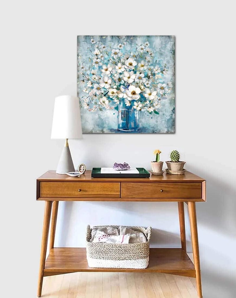 Framed Canvas Wall Art with Blue Bottle and White Flowers, Modern Minimalist Decor, No Drilling Required—Hang in the Bathroom, Bedroom, or Kitchen 50x50cm - Image 5
