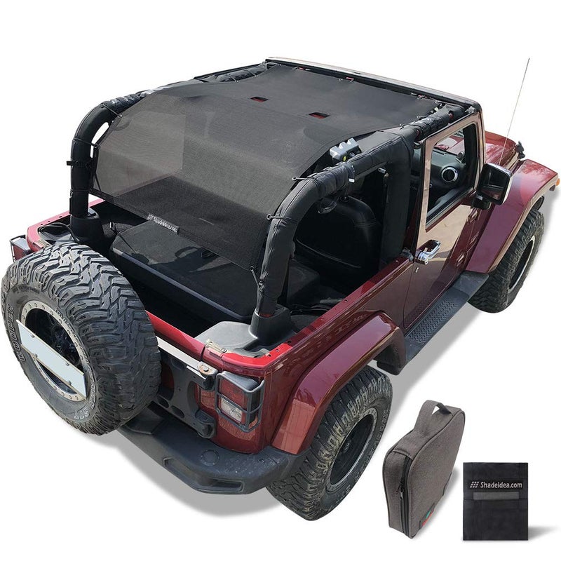 Shadeidea JK Sun Shade Top Compatible with Jeep Wrangler JKU Top Sunshade Soft Mesh Roof Cover 20072018 Wind Noise UV Blocker 10 Year Warranty 2 Door Black FrontRearBack Full Length