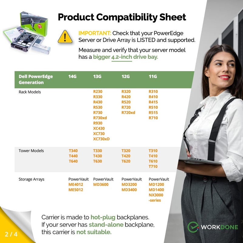 WORKDONE 3.5 inch Hard Drive Caddy Tray Compatible for Dell PowerEdge Servers - with 2.5 inch HDD Adapter NVMe SSD SAS SATA Bracket - Simply and Easy Carrier Setup with Installation Manual - Image 3