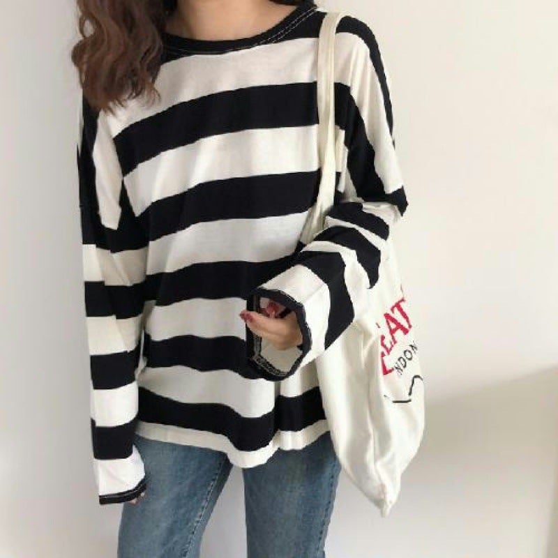 2023 new Korean version of net red with loose bottoming shirt striped long sleeve T-shirt female students ins a generation of hair - Image 1