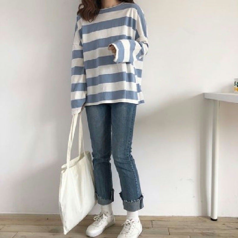 2023 new Korean version of net red with loose bottoming shirt striped long sleeve T-shirt female students ins a generation of hair - Image 4