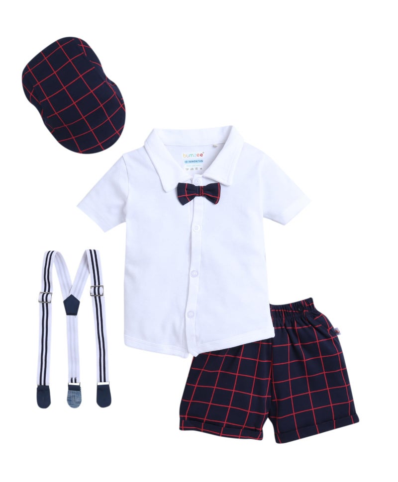 BUMZEE Navy & White Boys Half Sleeves Shirt & Short Set With Bow Suspender & Cap Age - 0-6 Months (Peb9054B-nbl.wht) - Image 1