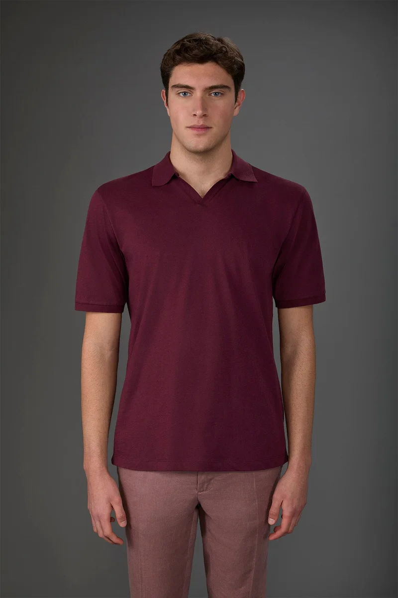 Men's short-sleeved organic cotton polo shirt with derby collar - Wine