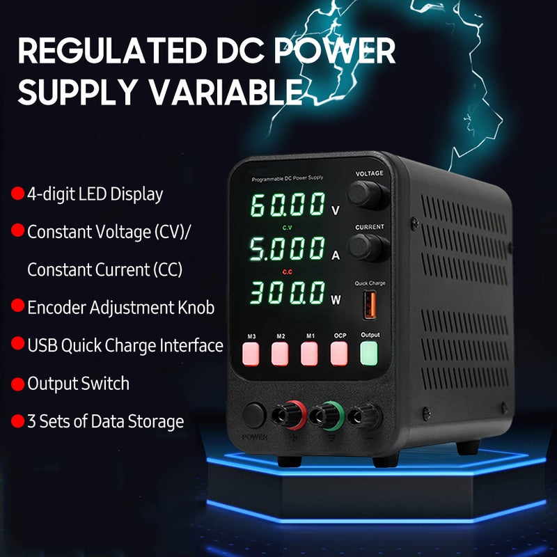 Bench DC Power Supply Variable 60V 5A Digital Display Adjustable Switching Regulated Power Supply CV CC with Data Storage, Output Switch, USB Quick Charge Port, Short Circuit Alarm, Encoder - Image 4