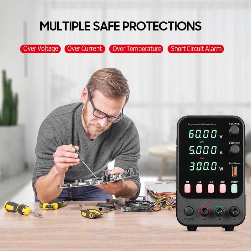 Bench DC Power Supply Variable 60V 5A Digital Display Adjustable Switching Regulated Power Supply CV CC with Data Storage, Output Switch, USB Quick Charge Port, Short Circuit Alarm, Encoder - Image 2