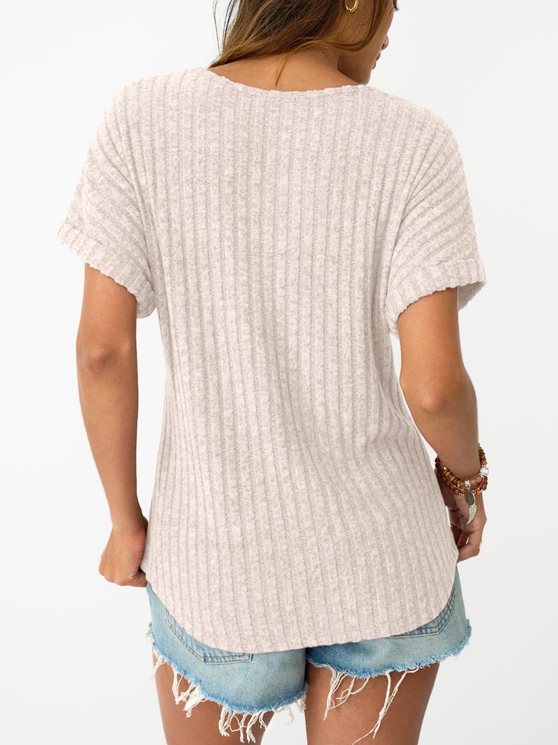 LILLUSORY Women Short Sleeve Top Dressy Casual Shirt Summer TextSweater Apricot 2XL - Image 4