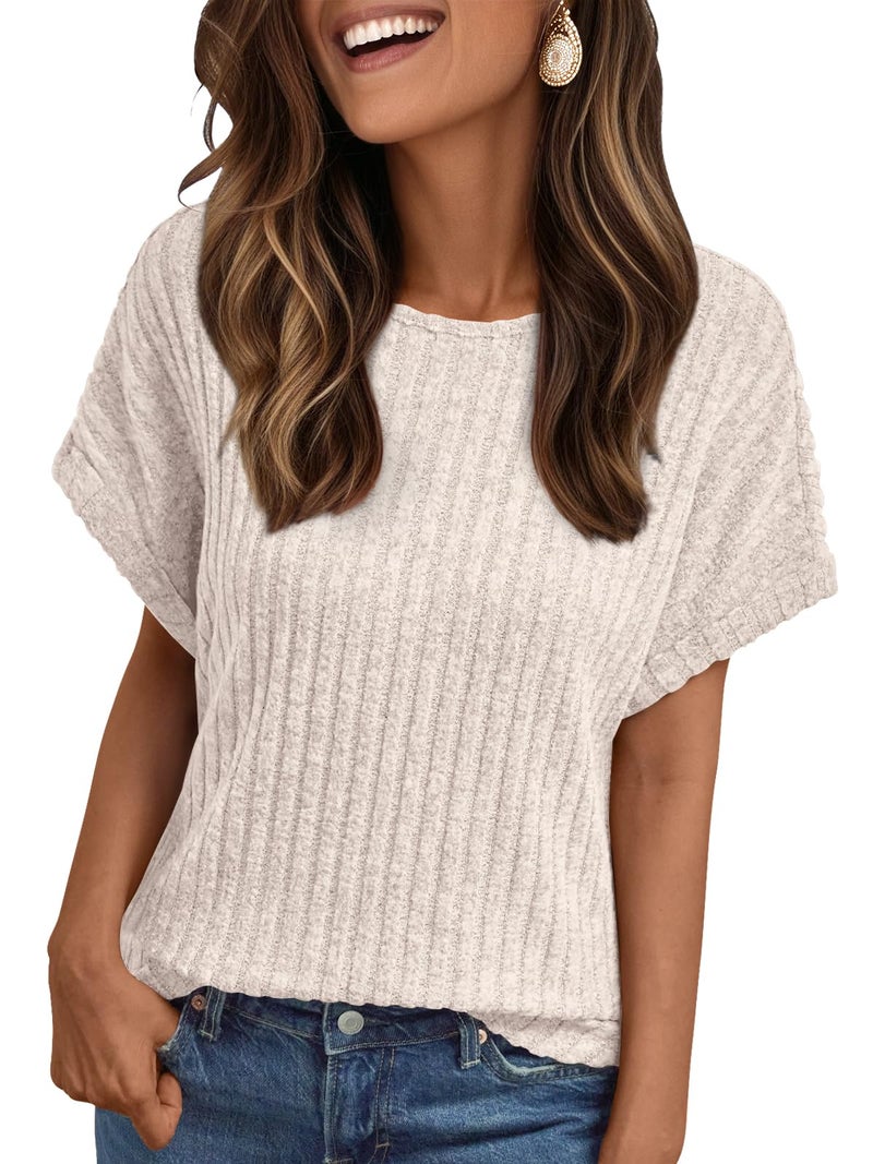LILLUSORY Women Short Sleeve Top Dressy Casual Shirt Summer TextSweater Apricot 2XL - Image 1