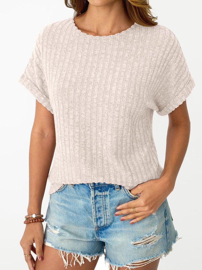 LILLUSORY Women Short Sleeve Top Dressy Casual Shirt Summer TextSweater Apricot 2XL - Image 3
