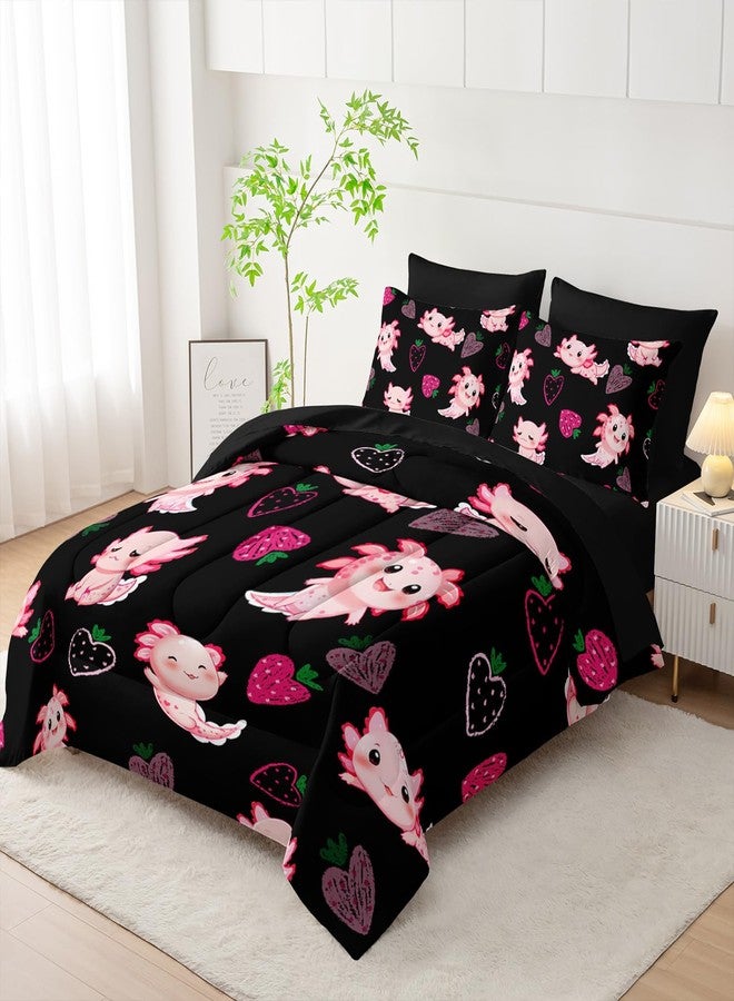 UEVBF Cute Axolotl Comforter Set,Bed in a Bag Queen Size 7 Pieces,Marine Life Themed Bed Set for Kids Girls Toddler,7Pcs Bedding Set with Comforter,Fitted Sheet,Flat Sheet,Pillowcases. - Image 3