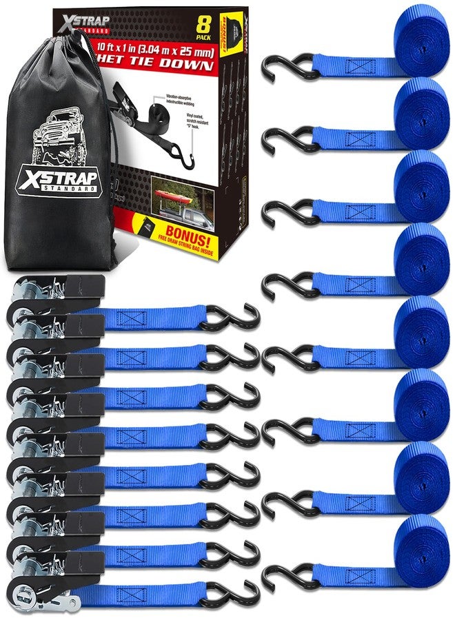XSTRAP STANDARD Ratchet Tie Down Straps 8PK 1'' x 10 ft - 900 LB Break Strength Cargo Straps for Moving Appliances, Lawn Equipment, Motorcycle (Blue) - Image 1