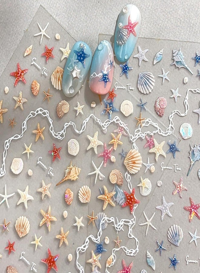 LRKNNO 5D Beach Shell Nail Art Stickers Summer Nail Stickers Embossed Self-Adhesive Shiny Shell Starfish Nail Decals Ocean Theme Summer Nails Design Manicure Supplies for Women DIY Nail Decoration 2 Sheets - Image 4