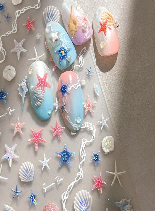 LRKNNO 5D Beach Shell Nail Art Stickers Summer Nail Stickers Embossed Self-Adhesive Shiny Shell Starfish Nail Decals Ocean Theme Summer Nails Design Manicure Supplies for Women DIY Nail Decoration 2 Sheets - Image 5
