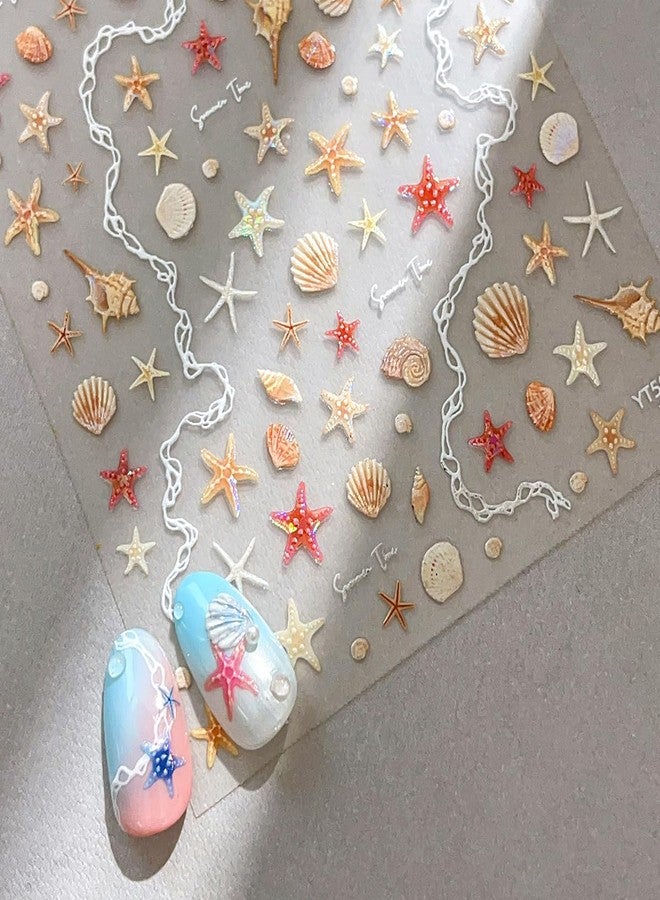 LRKNNO 5D Beach Shell Nail Art Stickers Summer Nail Stickers Embossed Self-Adhesive Shiny Shell Starfish Nail Decals Ocean Theme Summer Nails Design Manicure Supplies for Women DIY Nail Decoration 2 Sheets - Image 3