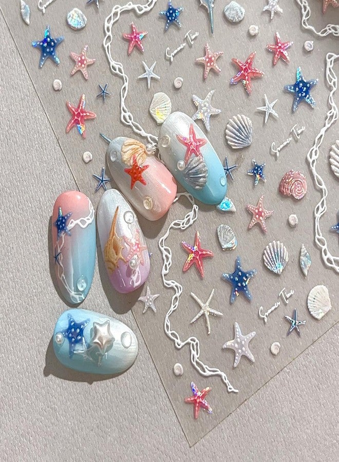 LRKNNO 5D Beach Shell Nail Art Stickers Summer Nail Stickers Embossed Self-Adhesive Shiny Shell Starfish Nail Decals Ocean Theme Summer Nails Design Manicure Supplies for Women DIY Nail Decoration 2 Sheets - Image 2