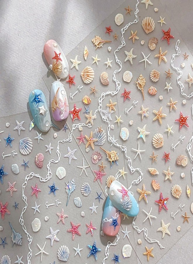 LRKNNO 5D Beach Shell Nail Art Stickers Summer Nail Stickers Embossed Self-Adhesive Shiny Shell Starfish Nail Decals Ocean Theme Summer Nails Design Manicure Supplies for Women DIY Nail Decoration 2 Sheets - Image 1