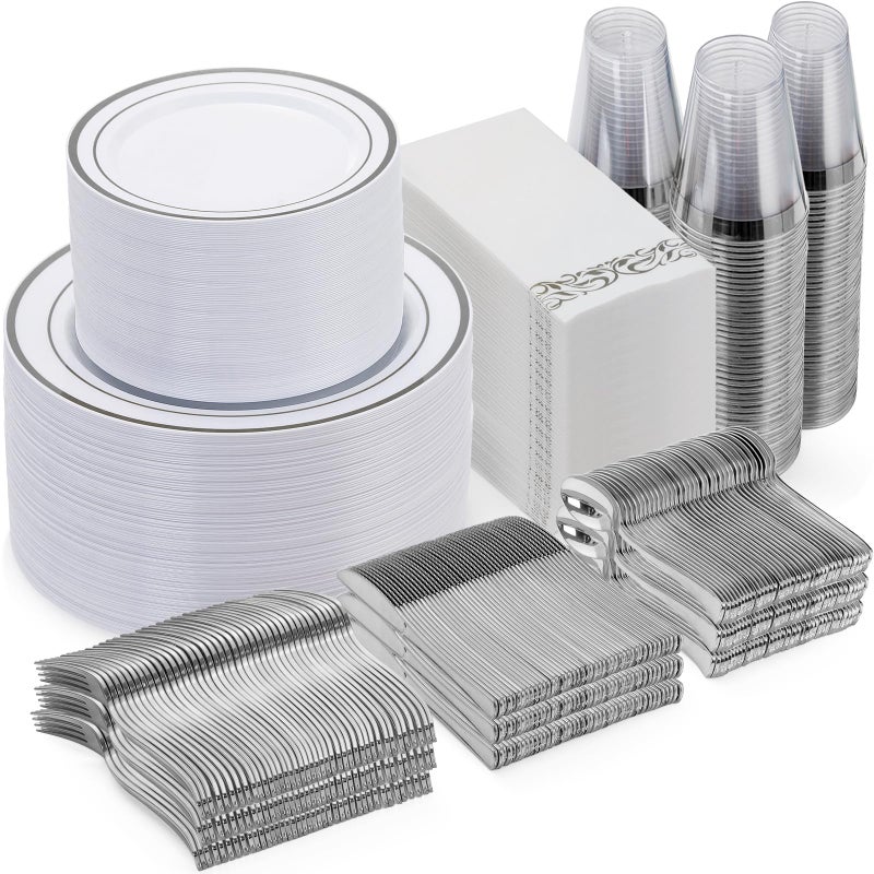 Goodluck 700 Piece Silver Dinnerware Set for 100 Guests Disposable Plastic Plates for Party Include 100 Dinner Plates 100 Dessert Plates 100 Paper Napkins 100 Cups 100 Silverware set