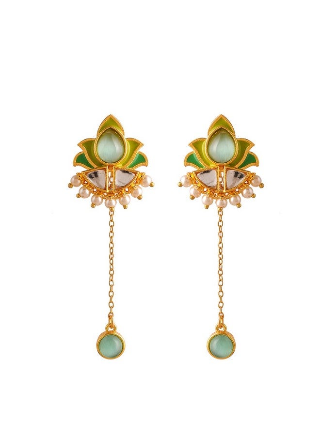 Voylla Forever More Green Stones and Pearls Enamelled Drop Earrings|Enamelled Earrings For Women|Wedding |Festive|Gift For Women| - Image 1