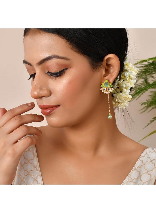 Voylla Forever More Green Stones and Pearls Enamelled Drop Earrings|Enamelled Earrings For Women|Wedding |Festive|Gift For Women| - Image 3