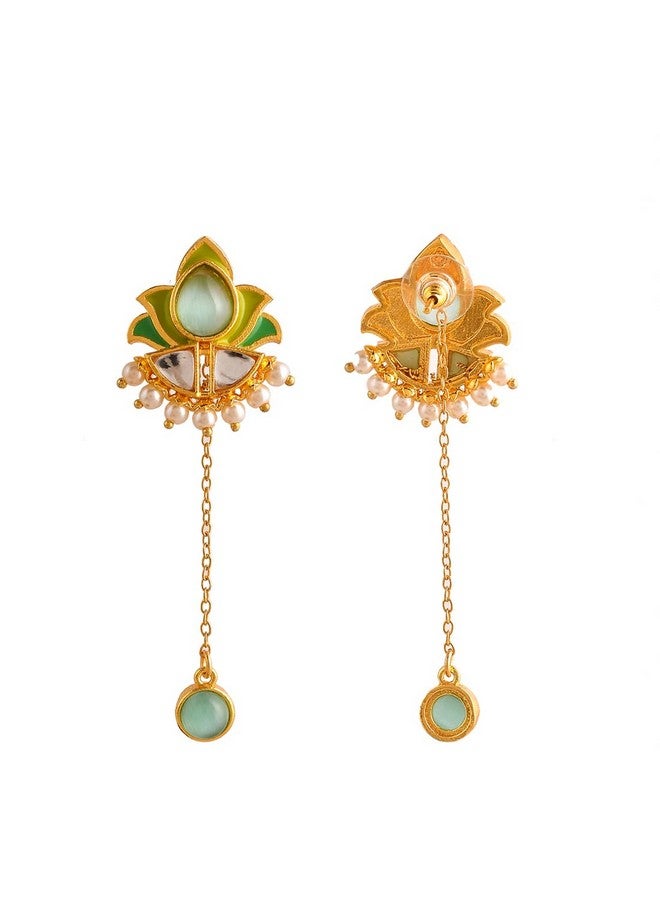 Voylla Forever More Green Stones and Pearls Enamelled Drop Earrings|Enamelled Earrings For Women|Wedding |Festive|Gift For Women| - Image 5