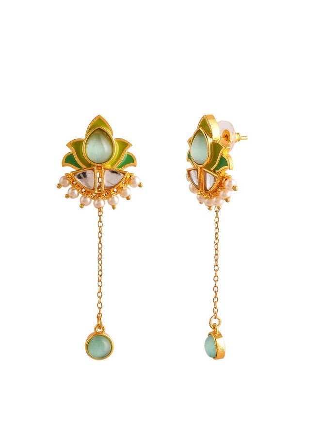 Voylla Forever More Green Stones and Pearls Enamelled Drop Earrings|Enamelled Earrings For Women|Wedding |Festive|Gift For Women| - Image 4