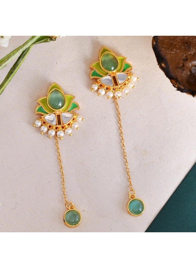 Voylla Forever More Green Stones and Pearls Enamelled Drop Earrings|Enamelled Earrings For Women|Wedding |Festive|Gift For Women| - Image 2