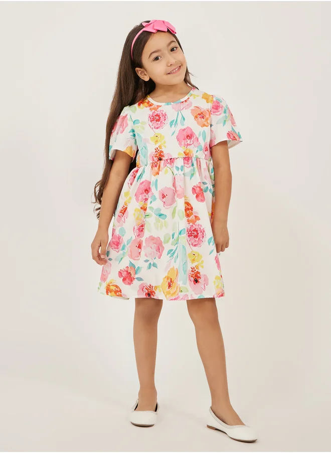 Styli Floral Print Short Sleeve Dress