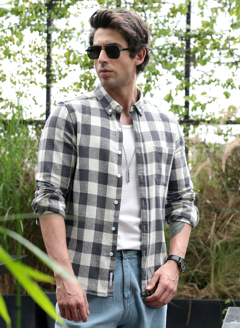 كامبوس سوترا قميص رجالي كاروهات بأزرار وياقة رسمية وأكمام طويلة