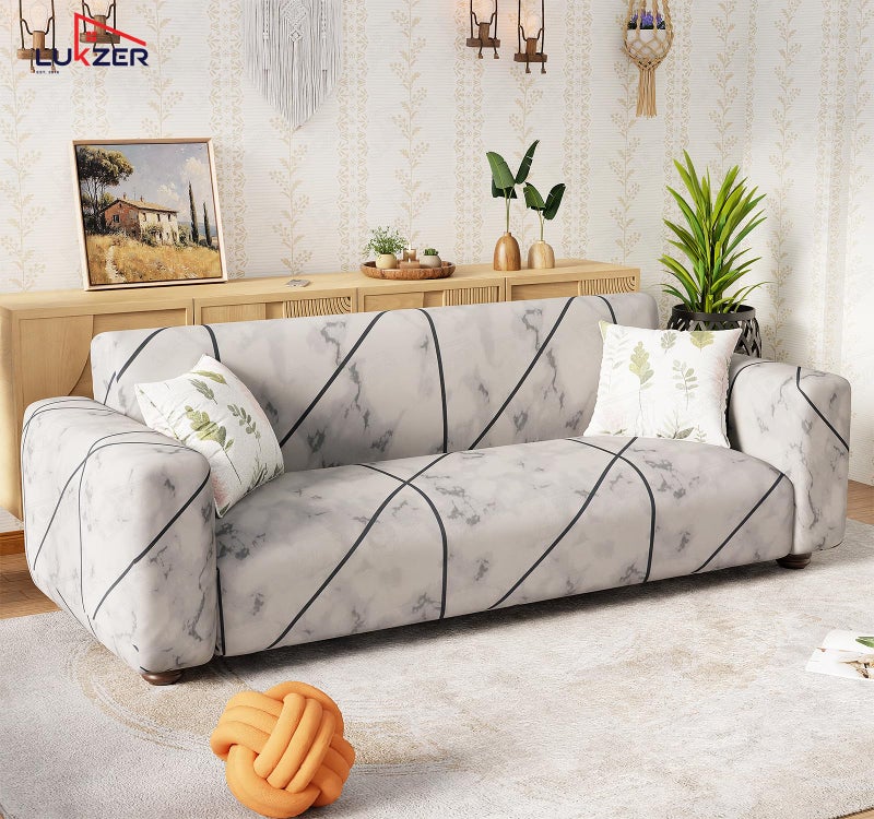 Lukzer 3 Seater Grey Marble Universal Sofa Cover | 360° Fully Covered Anti-Slip Washable Couch Cover Protecter | 140 GSM Stretch Fit Polyester + Spandex Slipcover (230-300cm/SC-039-04) - Image 4