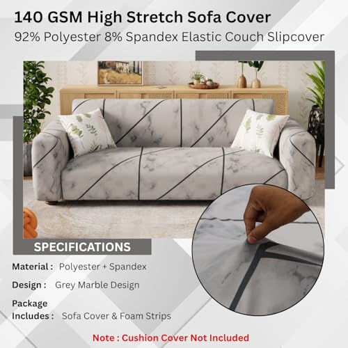 Lukzer 3 Seater Grey Marble Universal Sofa Cover | 360° Fully Covered Anti-Slip Washable Couch Cover Protecter | 140 GSM Stretch Fit Polyester + Spandex Slipcover (230-300cm/SC-039-04) - Image 5