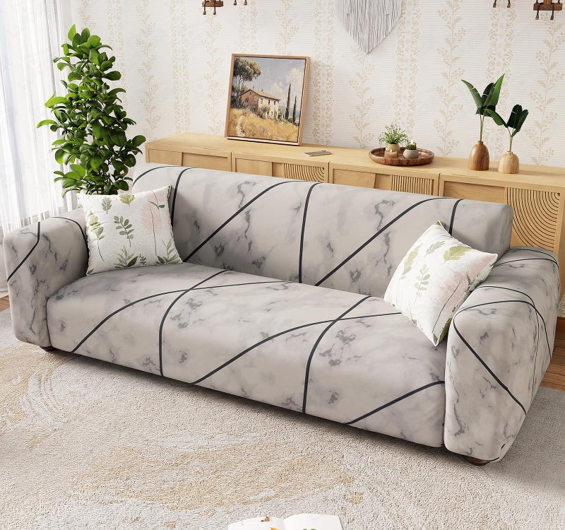 Lukzer 3 Seater Grey Marble Universal Sofa Cover | 360° Fully Covered Anti-Slip Washable Couch Cover Protecter | 140 GSM Stretch Fit Polyester + Spandex Slipcover (230-300cm/SC-039-04) - Image 1