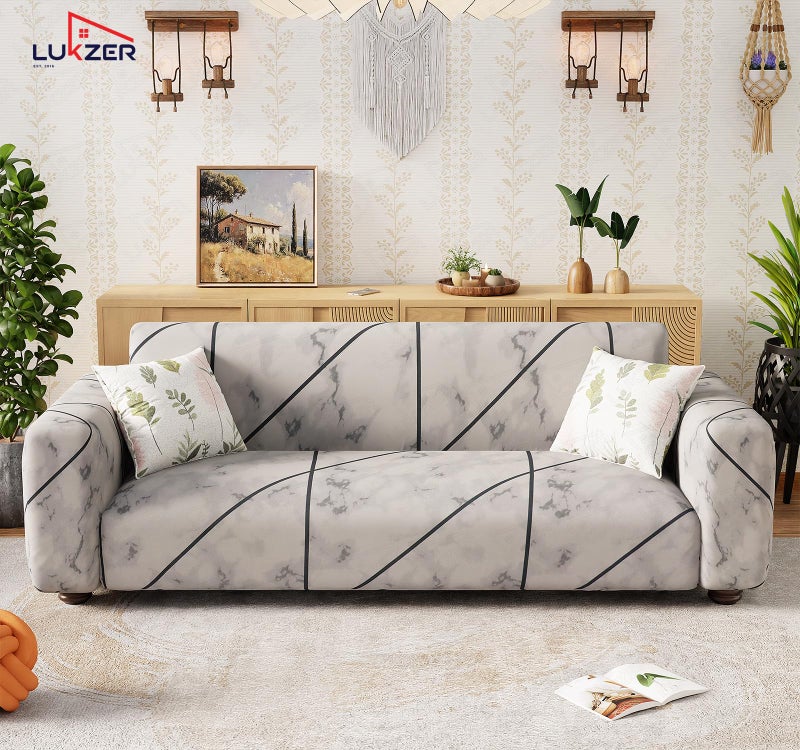 Lukzer 3 Seater Grey Marble Universal Sofa Cover | 360° Fully Covered Anti-Slip Washable Couch Cover Protecter | 140 GSM Stretch Fit Polyester + Spandex Slipcover (230-300cm/SC-039-04) - Image 3
