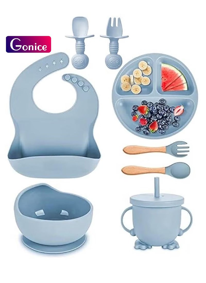 Gonice 8 Piecesbaby Feeding Set - Suction Bowl, Divided Plates, Straw Sippy Cup, Adjustable Bib, Soft Spoon Fork  - Image 1