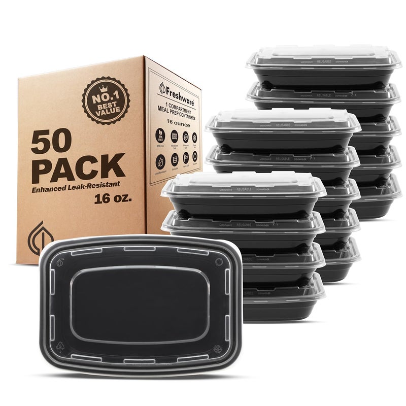 Freshware Meal Prep Containers [50 Pack] 1 Compartment Food Storage Containers with Lids, Bento Box, BPA Free, Stackable, Microwave/Dishwasher/Freezer Safe (16 oz) - Image 1