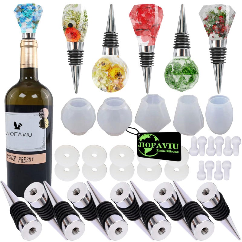 JIOFAVIU 15 Pcs Resin Wine Bottle Stoppers Molds Set, Wine Stopper Silicone Molds for Epoxy Resin (5 Molds and 10 Stoppers with 10 Screws) - Image 1