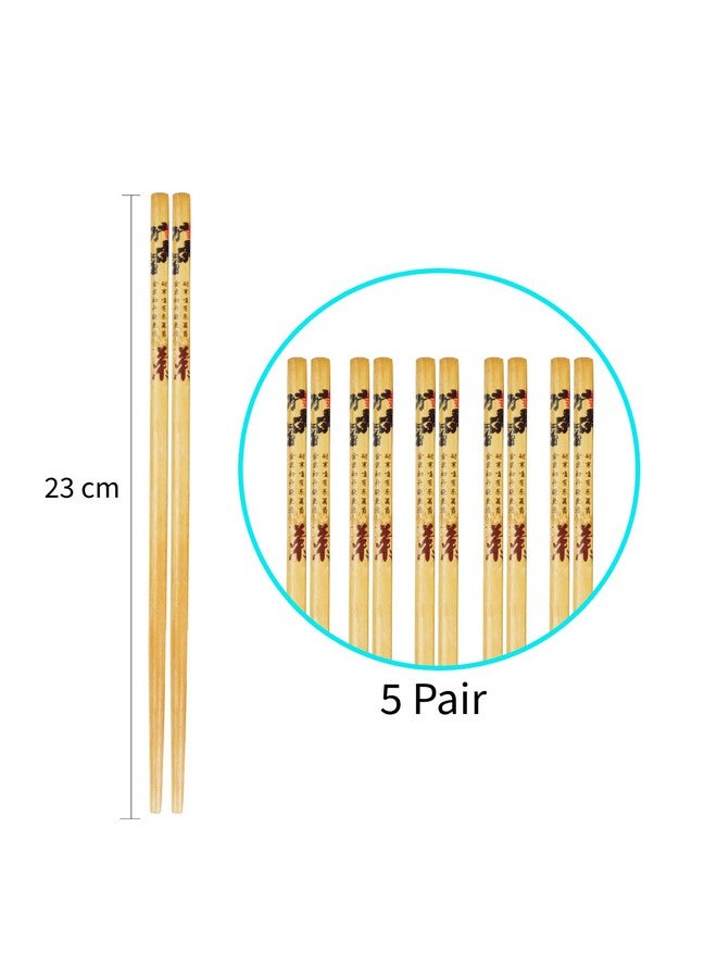 RIANZ Set of 5 Pairs Designer Natural Wooden Round Bamboo Reusable Chopsticks, Size 23 Cm (Design 3) - Image 3
