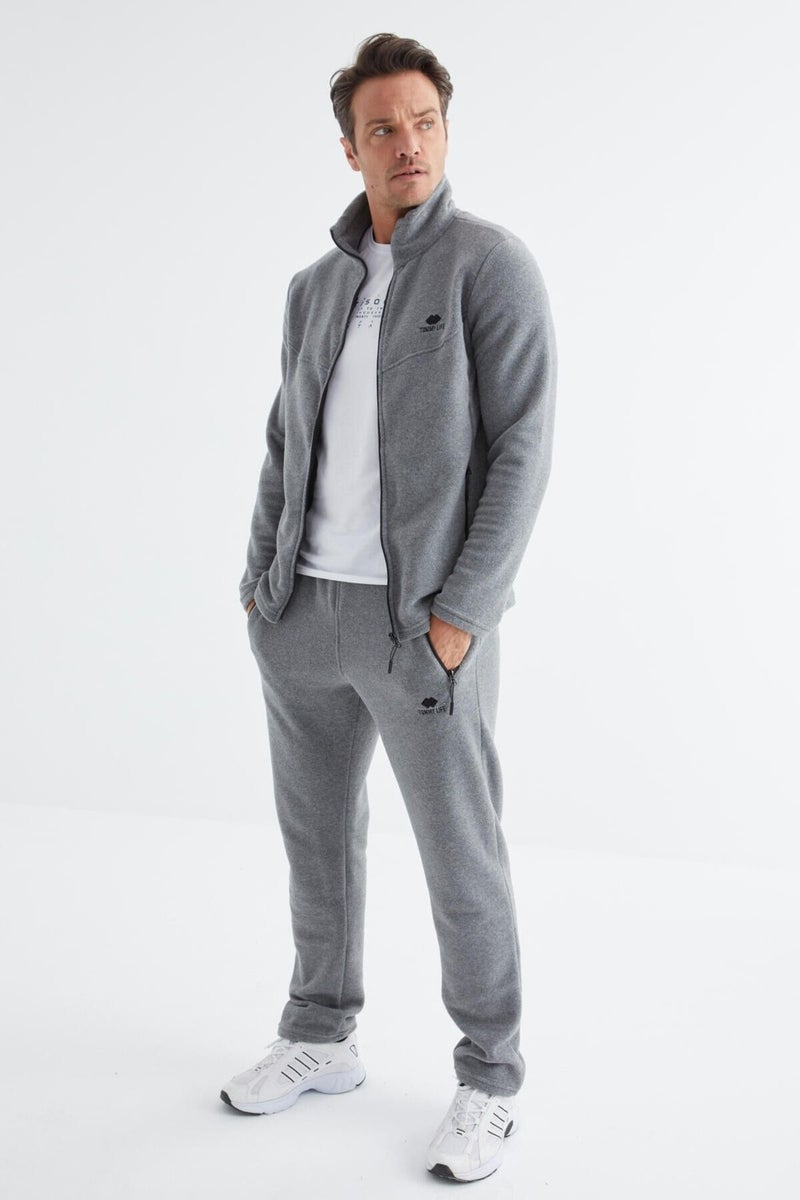Tommy Life Gray Melange Stand Collar Basic Men's Polar Fleece Tracksuit - 85193  - Image 5
