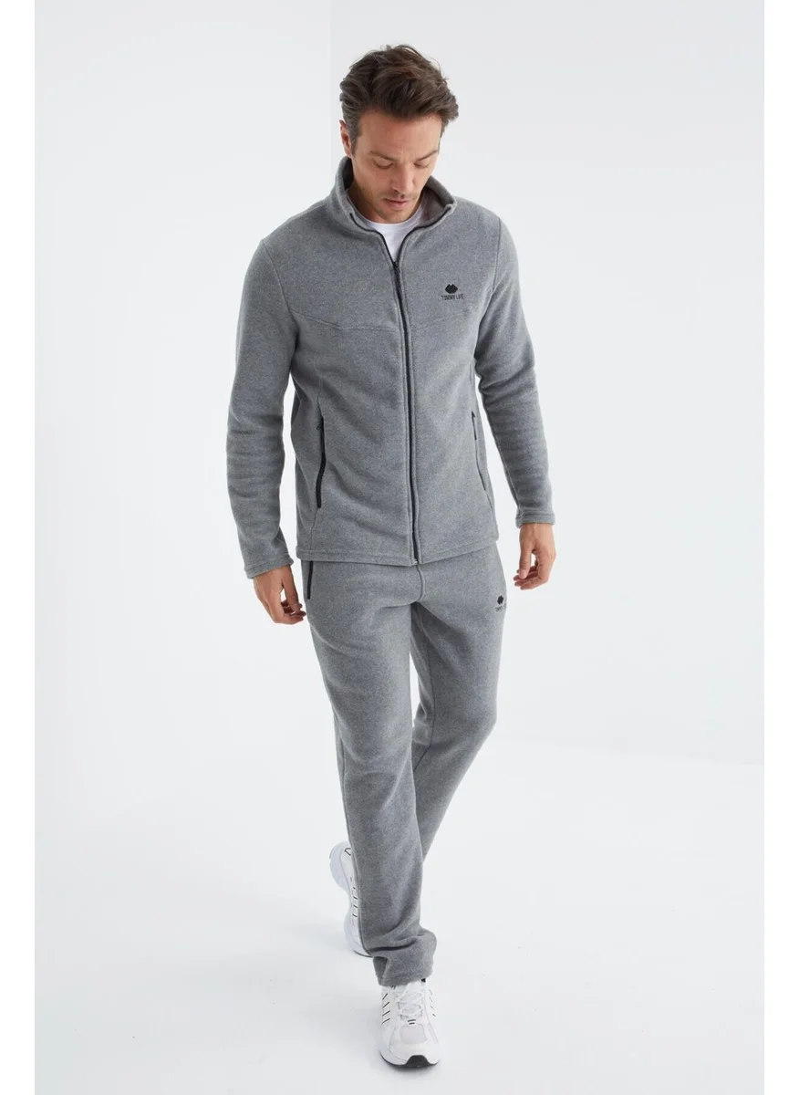 Tommy Life Gray Melange Stand Collar Basic Men's Polar Fleece Tracksuit - 85193