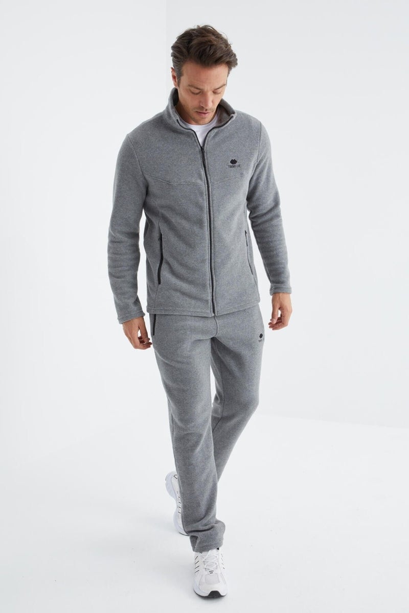 Tommy Life Gray Melange Stand Collar Basic Men's Polar Fleece Tracksuit - 85193  - Image 1