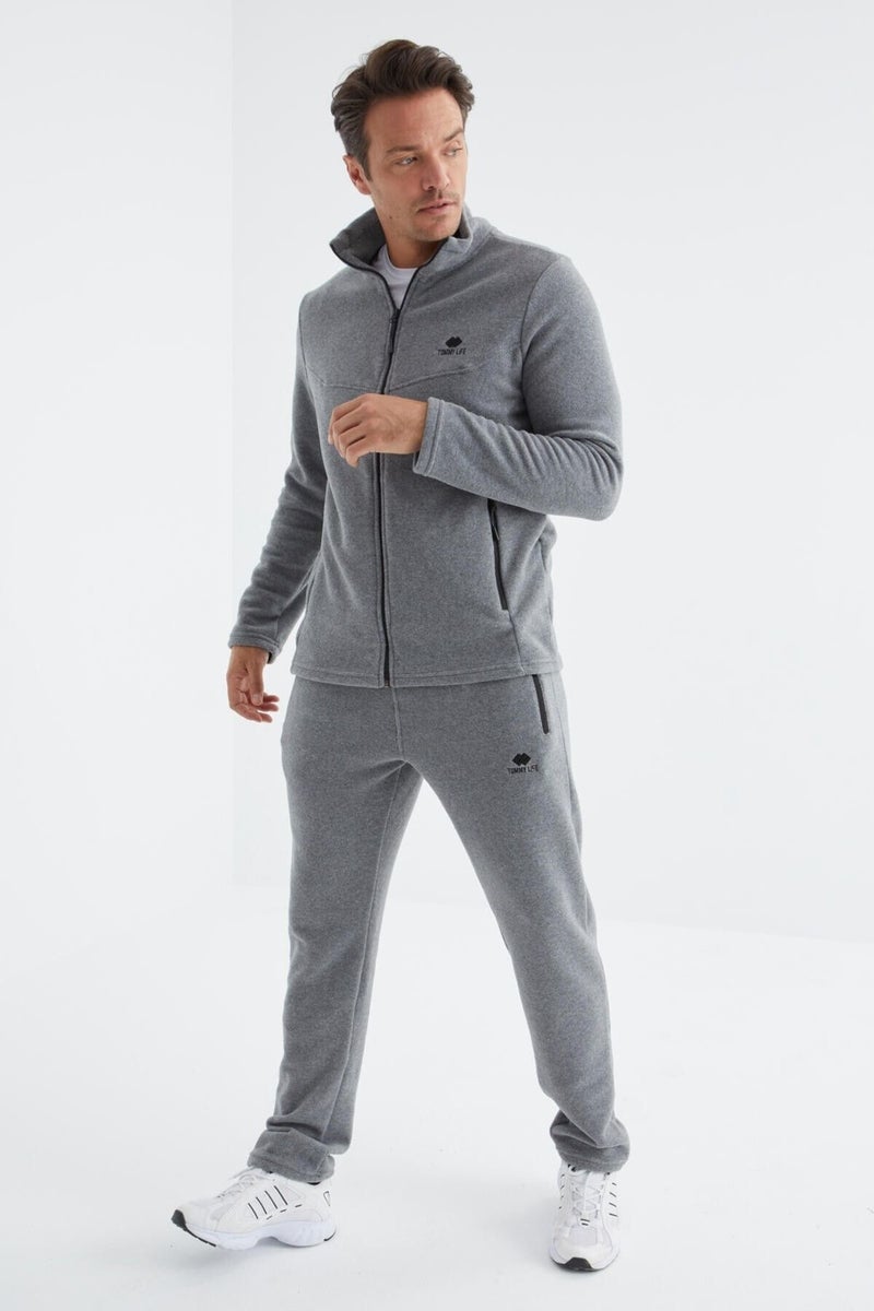 Tommy Life Gray Melange Stand Collar Basic Men's Polar Fleece Tracksuit - 85193  - Image 3
