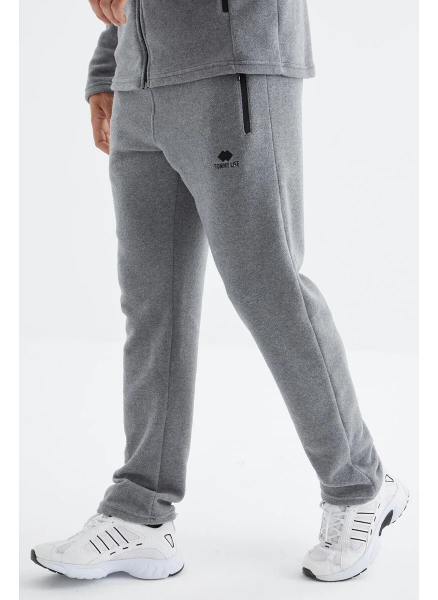 Tommy Life Gray Melange Stand Collar Basic Men's Polar Fleece Tracksuit - 85193