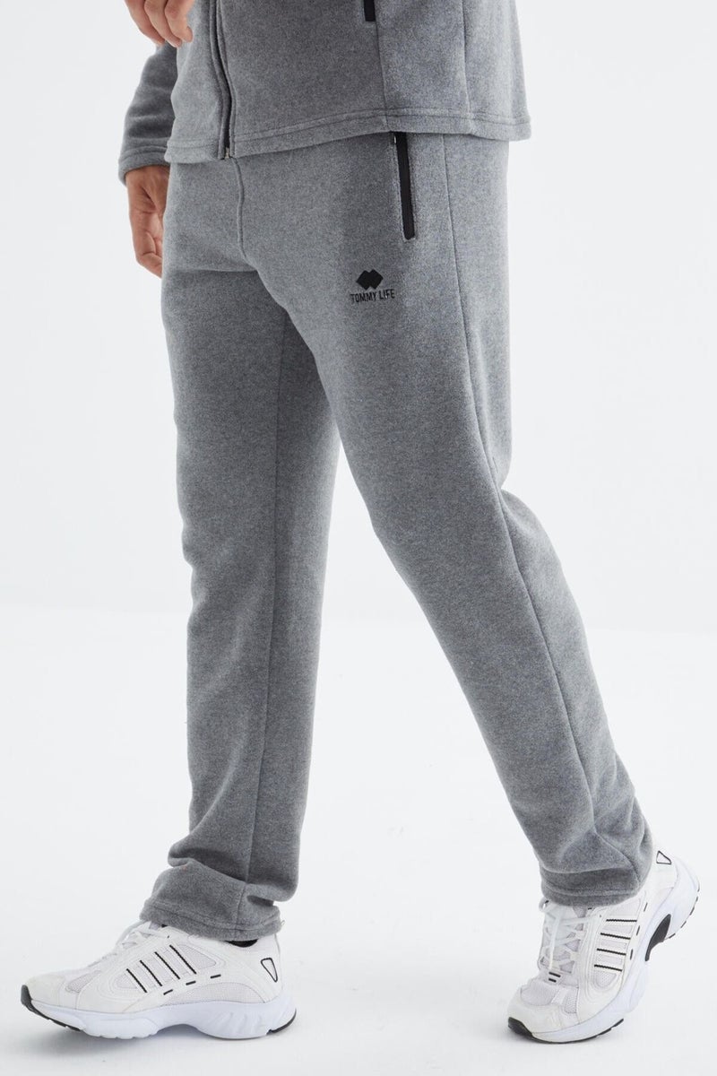 Tommy Life Gray Melange Stand Collar Basic Men's Polar Fleece Tracksuit - 85193  - Image 2