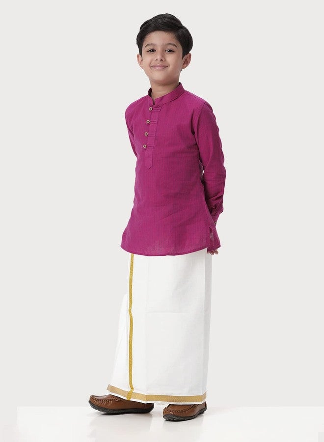 RAMRAJ COTTON Purple Boys cotton kurta with White dhoti set - Image 3