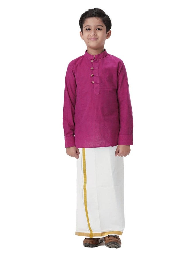 RAMRAJ COTTON Purple Boys cotton kurta with White dhoti set - Image 1