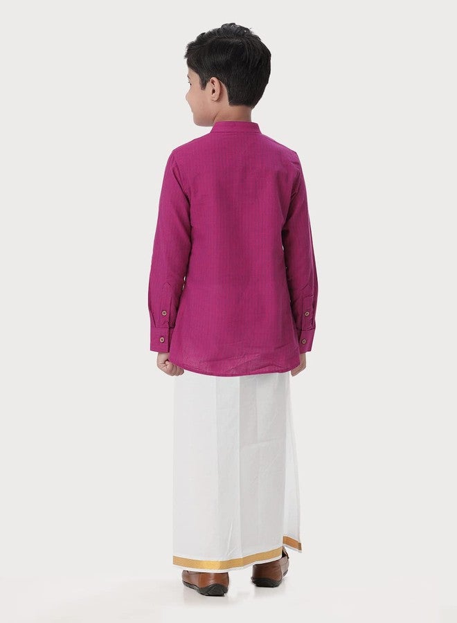 RAMRAJ COTTON Purple Boys cotton kurta with White dhoti set - Image 2