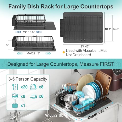 GSlife Family Size Large Capacity Expandable Dish Drying Rack with Absorbent Mat Rust Resistant Dish Drainer for Plates Bowls Pots and Pans 165213 L x 147 W Black - Image 3