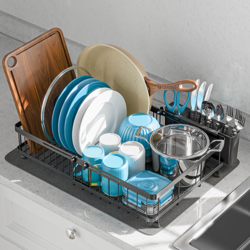 GSlife Family Size Large Capacity Expandable Dish Drying Rack with Absorbent Mat Rust Resistant Dish Drainer for Plates Bowls Pots and Pans 165213 L x 147 W Black - Image 2
