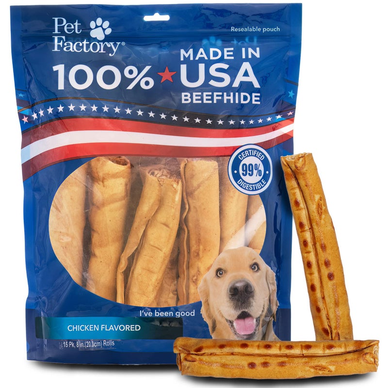Pet Factory 100 Made in USA Beefhide 8 Rolls Dog Chew Treats Chicken Flavor 15 Count1 Pack