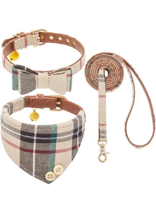 كولتيل طقم طوق ومقود للكلاب الصغيرة من KOOLTAIL مع ربطة عنق وأجراس - طوق ومقود للجراء للإناث بنمط كلاسيكي منقوش متناسق، ومقود من الجلد الناعم المقاوم للتشابك للكلاب الصغيرة للأولاد والبنات، بيج - Image 1